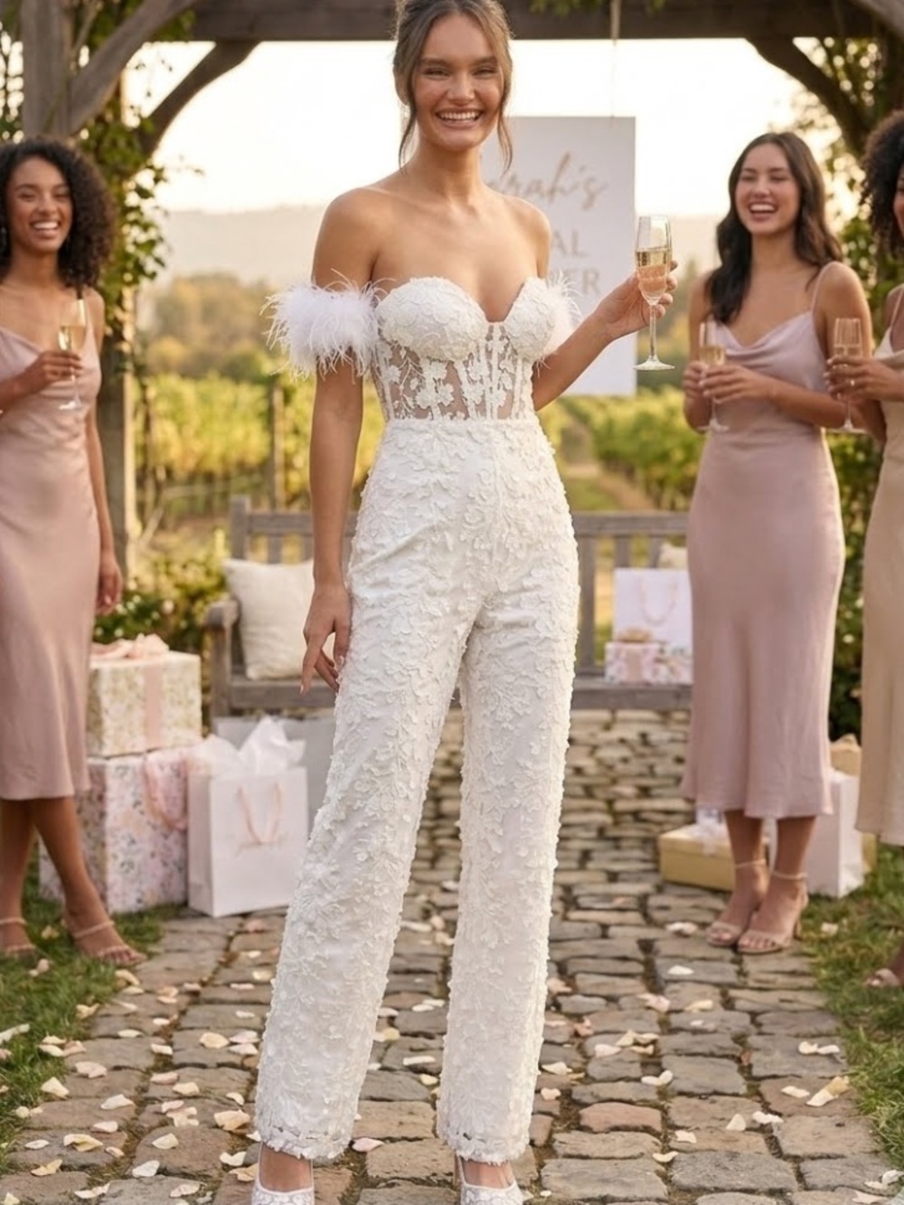 New Lulus White Feather-Trim Bridal Jumpsuit - Elegant Wedding Sz Small - Picture 10 of 12